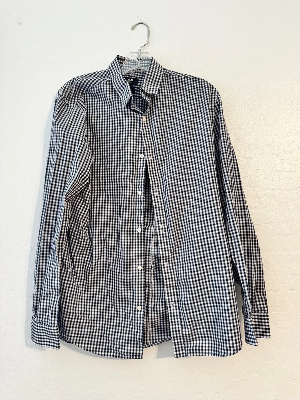 👕H&M Slim Fit Men's Woven Black/White Check ButtonUp Point Collar Long Sleeve M